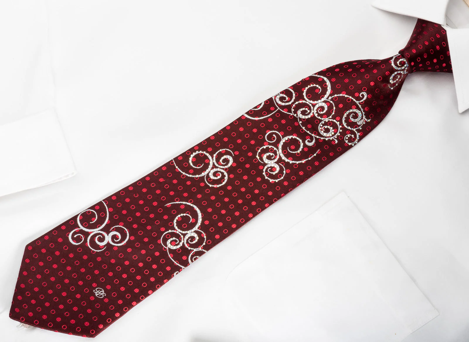 Renoma Rhinestone Silk Necktie Silver Scrolls On Burgundy With Sparkles - Image 2