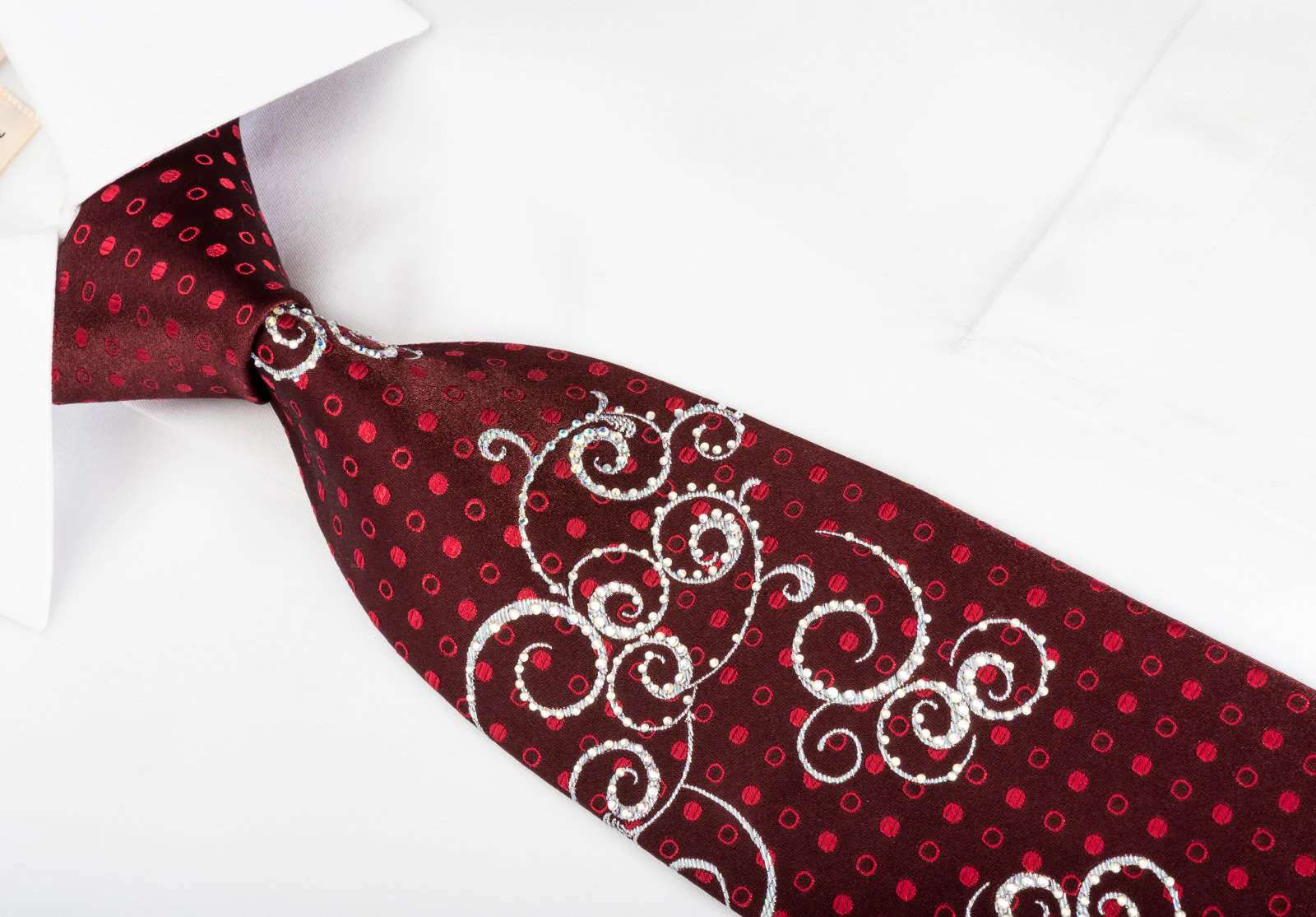 Renoma Rhinestone Silk Necktie Silver Scrolls On Burgundy With Sparkles - Image 5