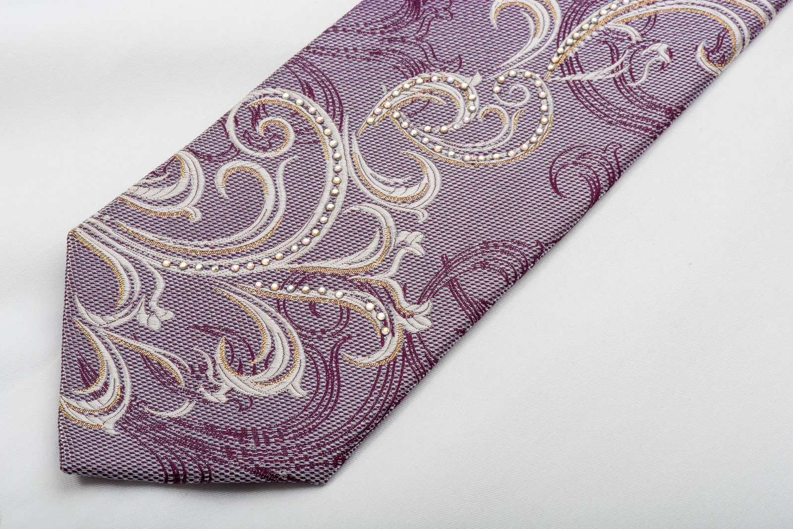 Renoma Rhinestone Silk Necktie Silver Scrolls On Purple With Sparkles - Image 3