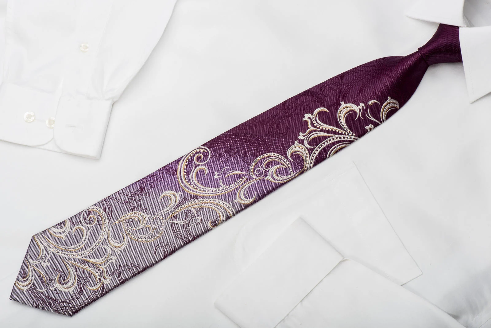 Renoma Rhinestone Silk Necktie Silver Scrolls On Purple With Sparkles - Image 5