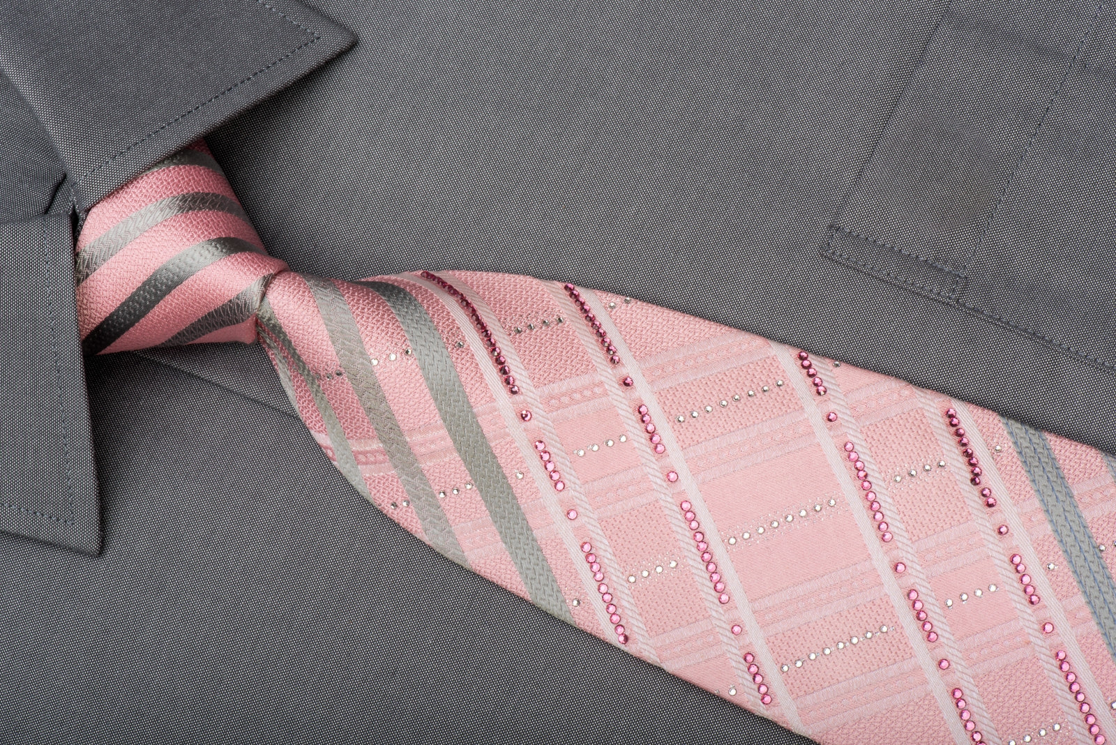 Renoma Rhinestone Silk Necktie Silver Striped On Pink With Silver Sparkles - Image 3