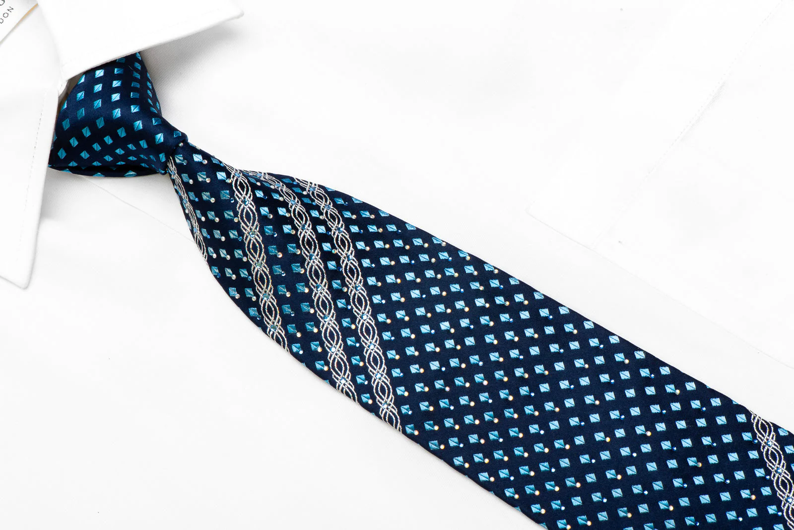 Renoma Rhinestone Silk Necktie Silver Stripes Blue Geometric on Navy With Sparkles - Image 2