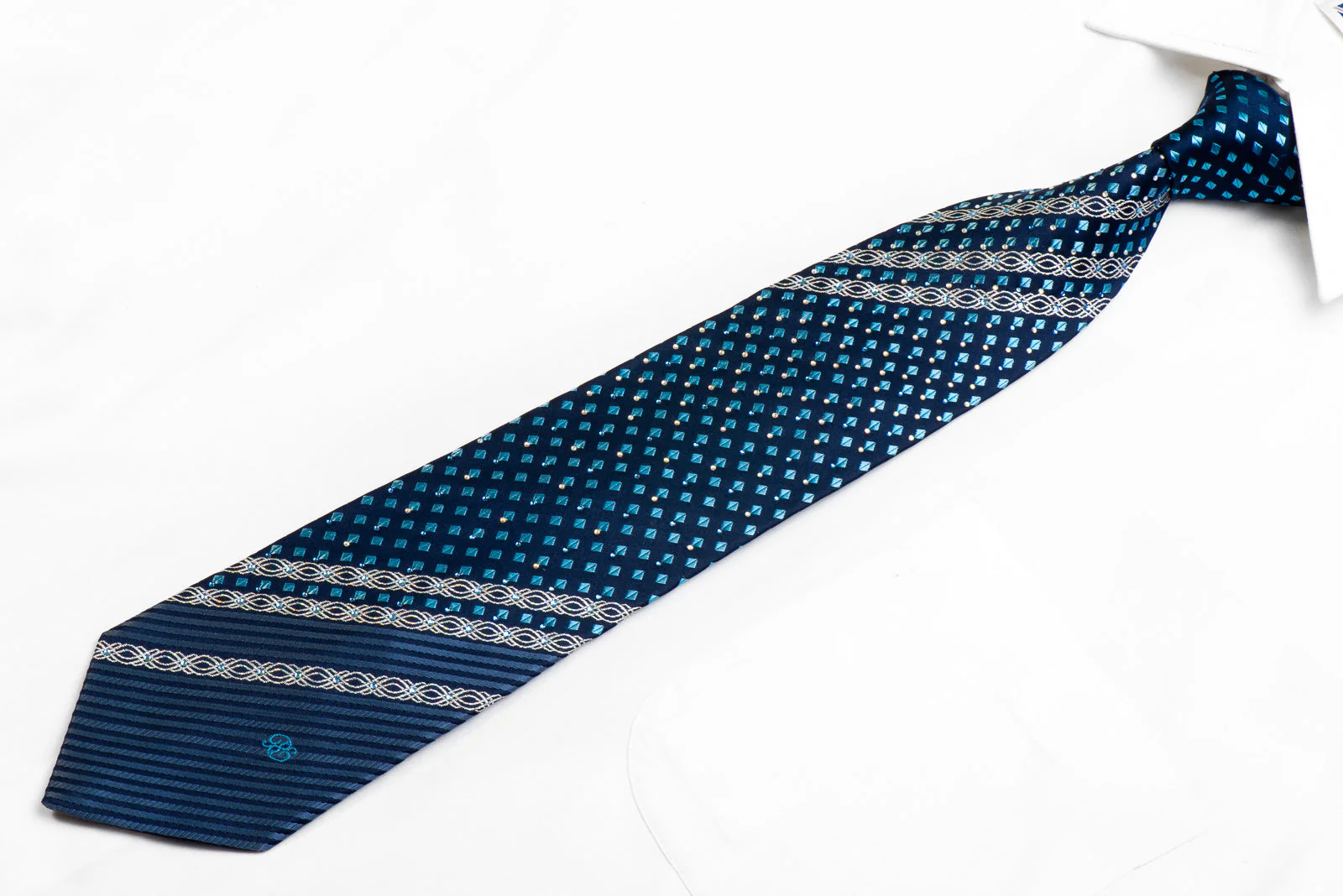 Renoma Rhinestone Silk Necktie Silver Stripes Blue Geometric on Navy With Sparkles - Image 3