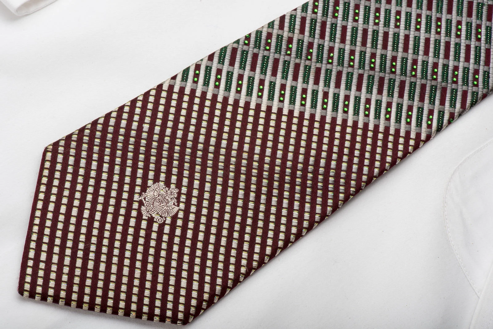 Renoma Rhinestone Silk Necktie Silver Stripes On Burgundy With Silver Sparkles - Image 3