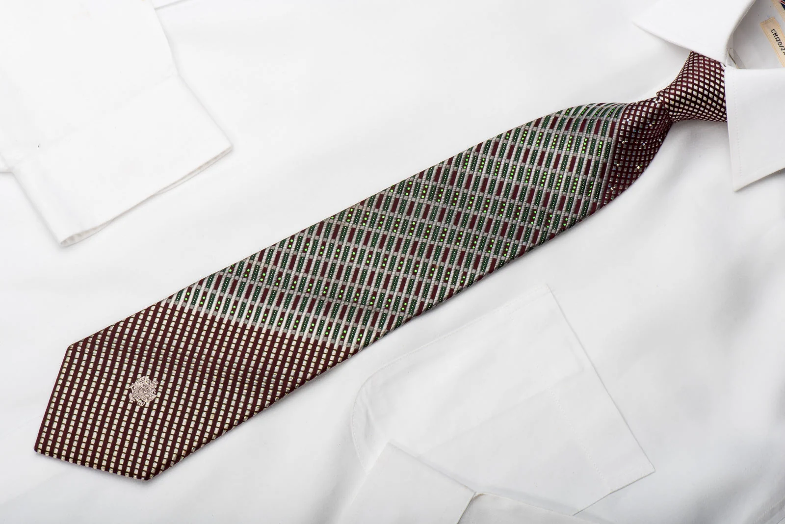 Renoma Rhinestone Silk Necktie Silver Stripes On Burgundy With Silver Sparkles - Image 4