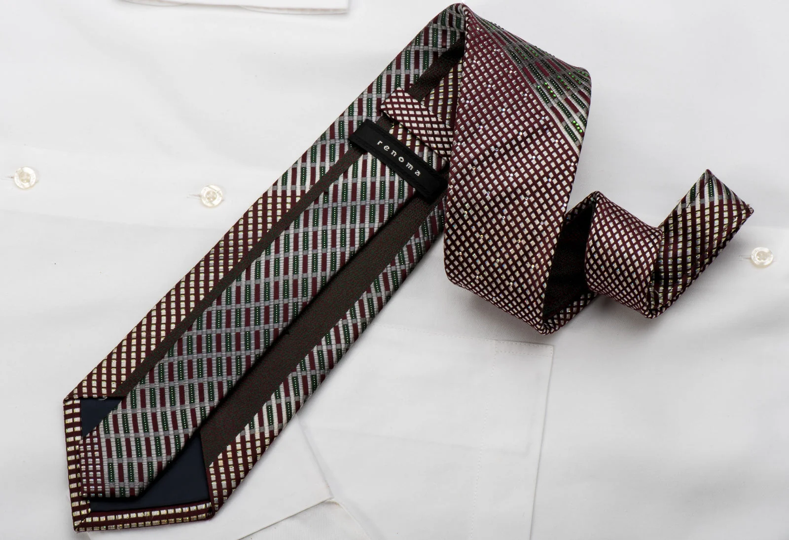 Renoma Rhinestone Silk Necktie Silver Stripes On Burgundy With Silver Sparkles - Image 5