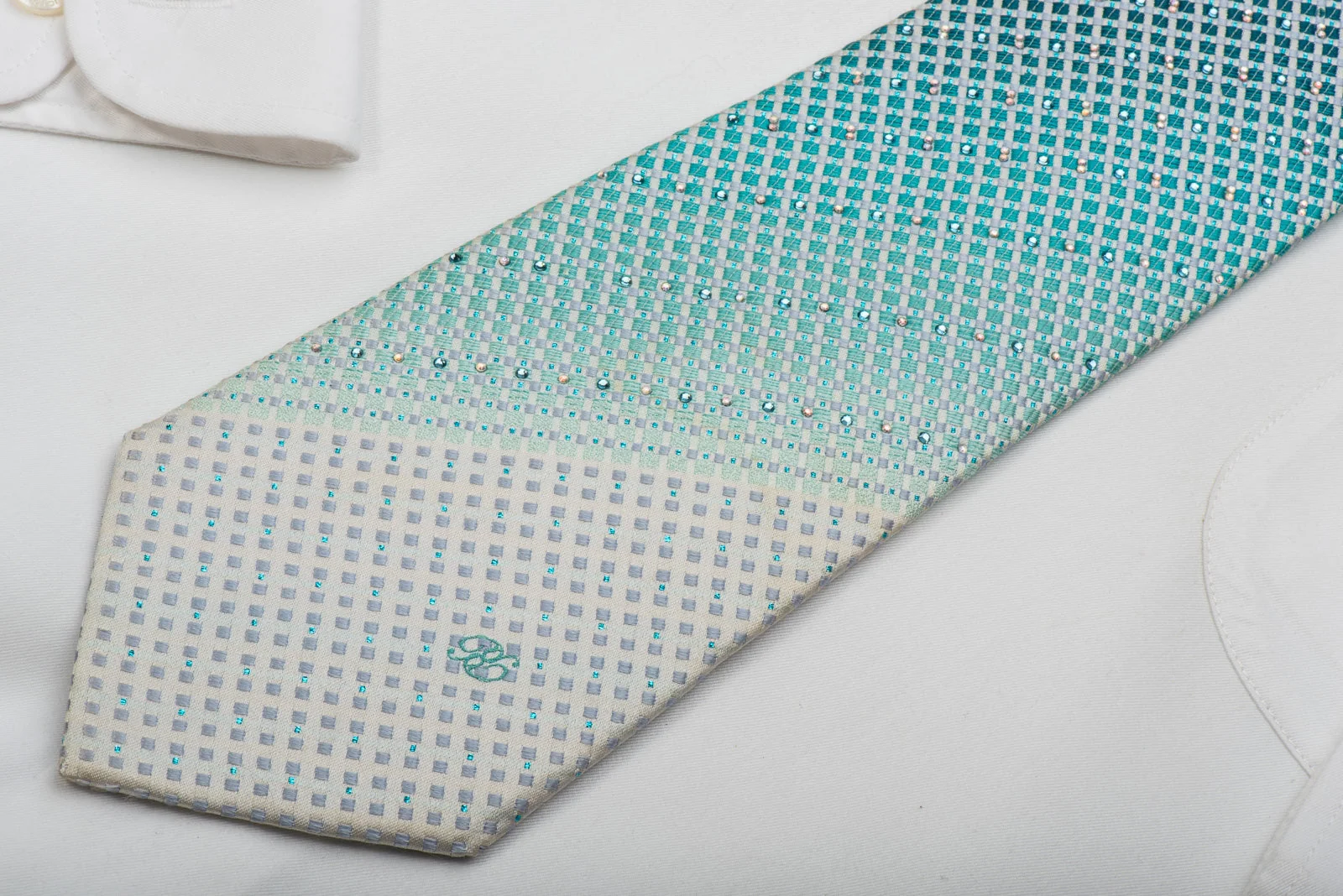 Renoma Rhinestone Silk Necktie Silver Turquoise Checkered With Sparkles - Image 2