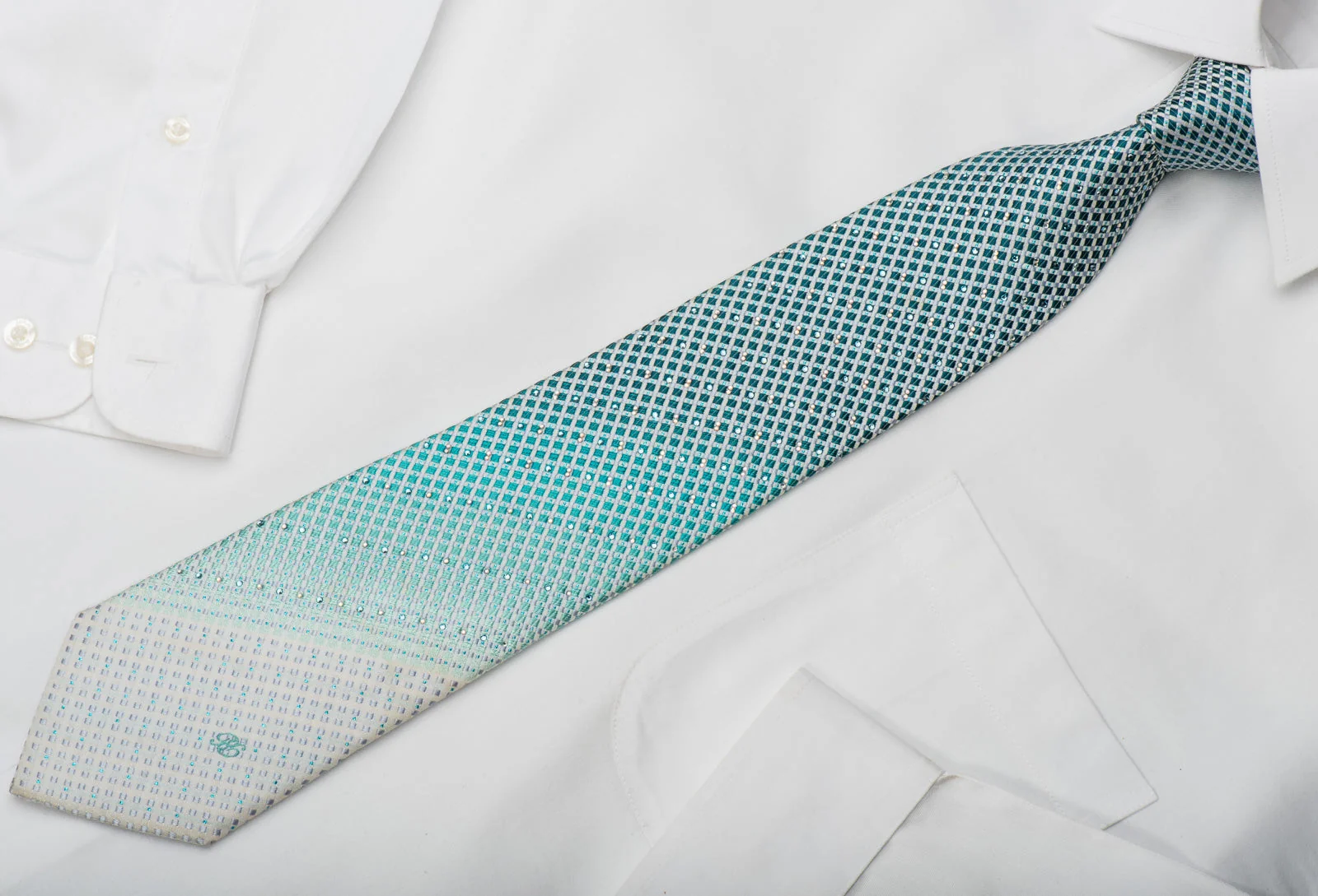 Renoma Rhinestone Silk Necktie Silver Turquoise Checkered With Sparkles - Image 4