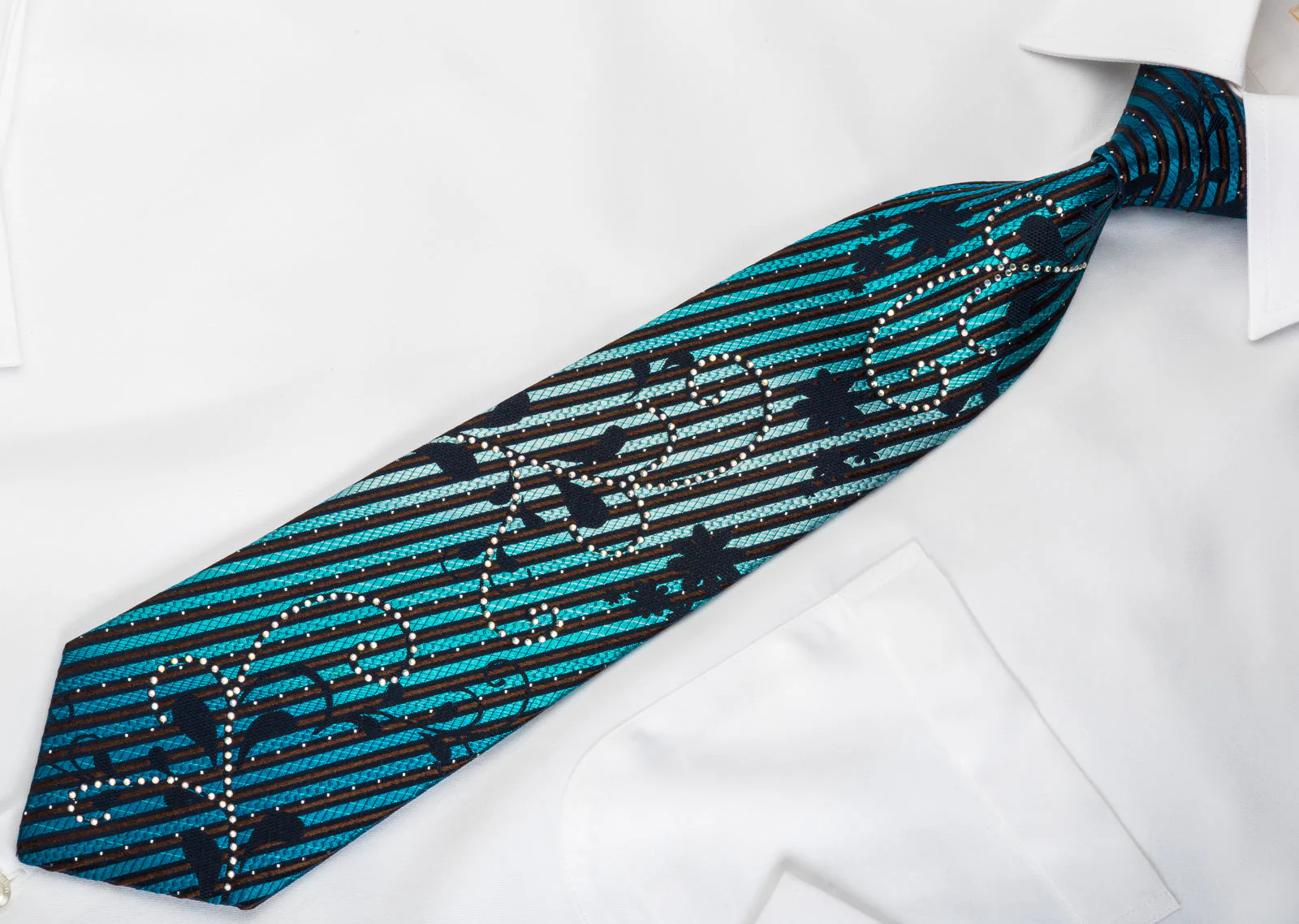 Renoma Rhinestone Silk Necktie Turquoise Stripes On Black With Silver Sparkles - Image 3