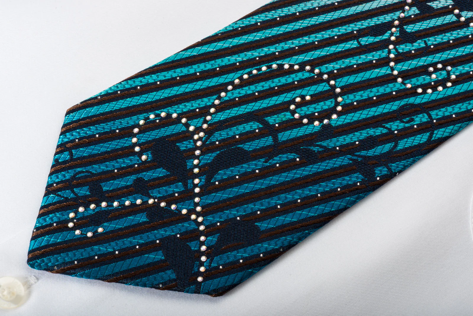Renoma Rhinestone Silk Necktie Turquoise Stripes On Black With Silver Sparkles - Image 5