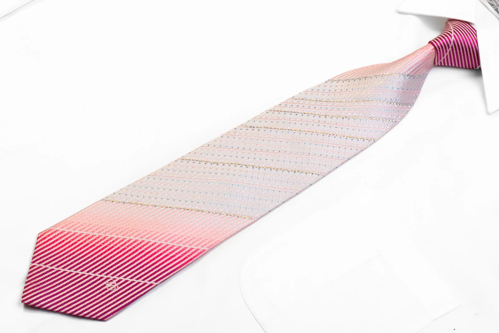 Renoma Rhinestone Silk Necktie Vertical Stripes On Pink With Blue Sparkles - Image 3