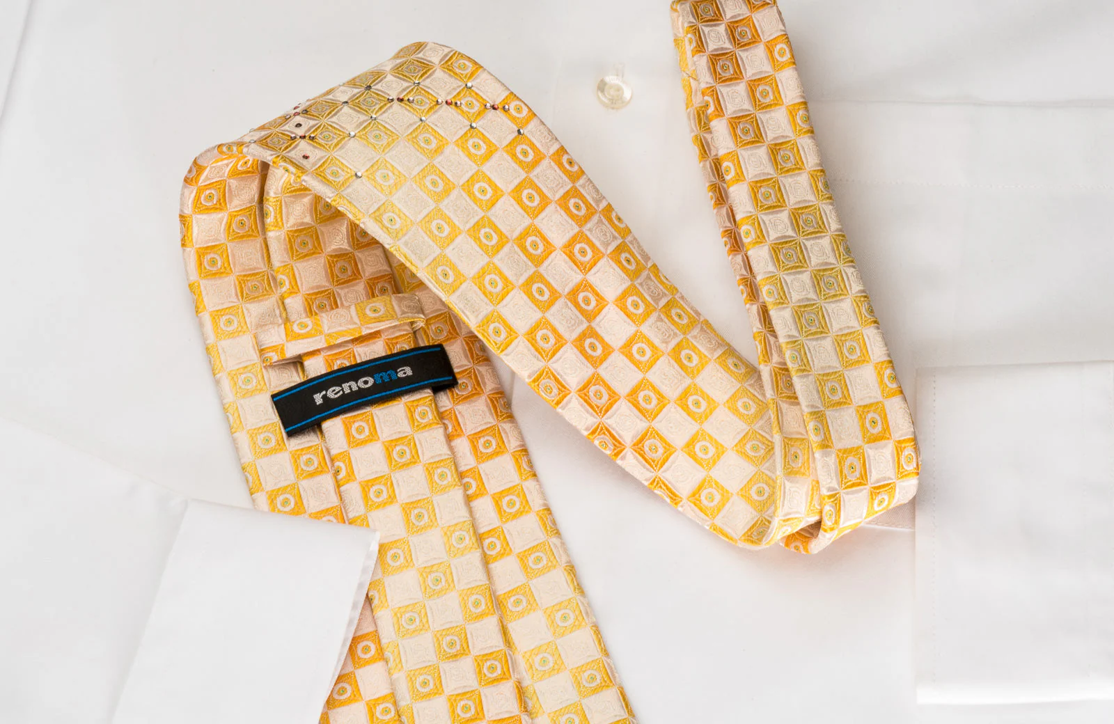 Renoma Rhinestone Silk Necktie Yellow Orange White Checkered With Green Sparkles - Image 3