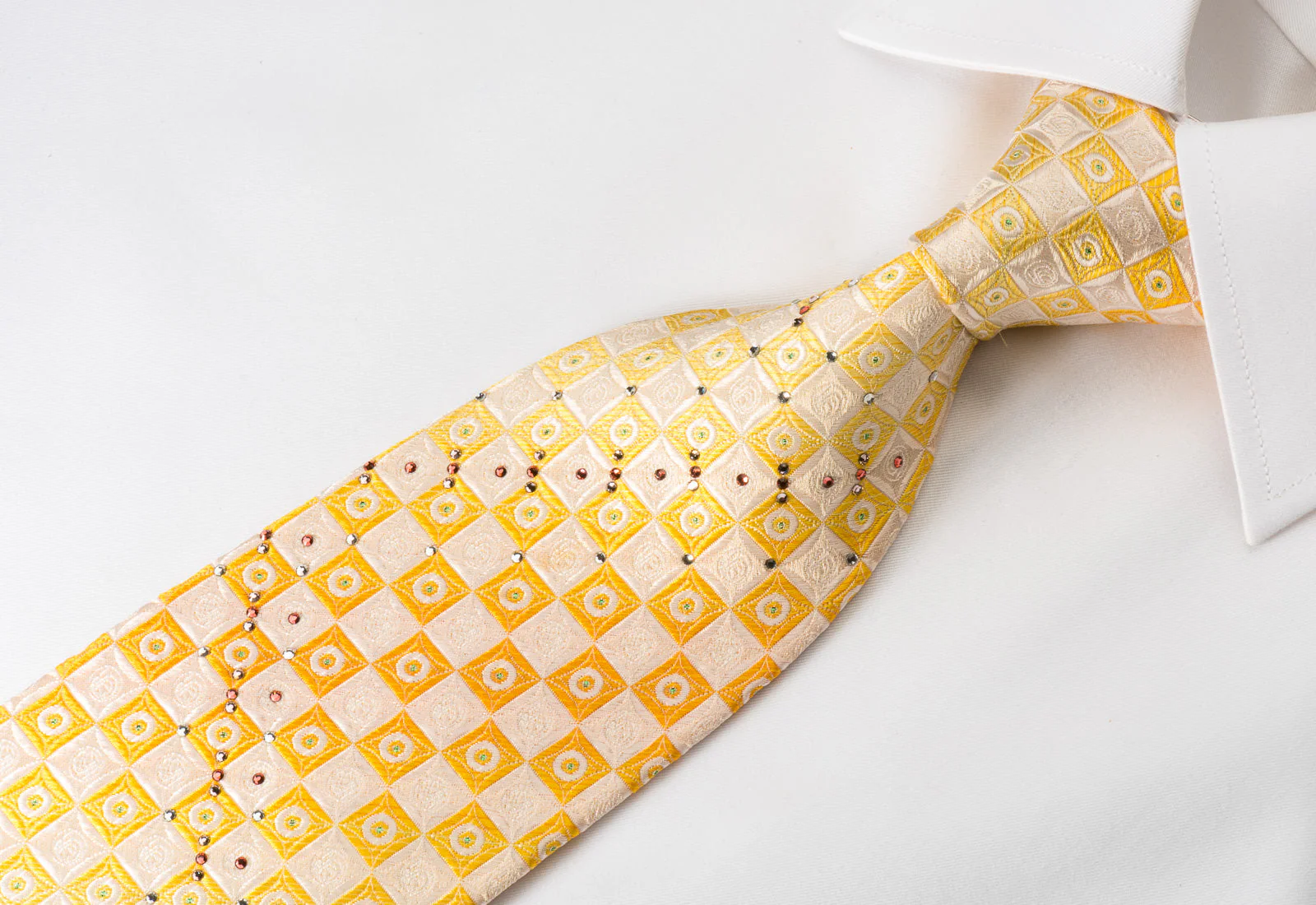 Renoma Rhinestone Silk Necktie Yellow Orange White Checkered With Green Sparkles - Image 5
