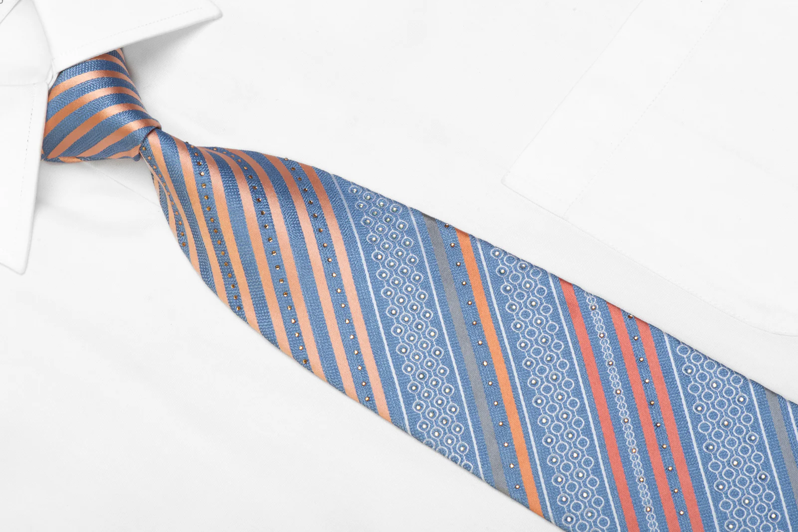 Renoma Rhinestone Silk Tie Orange Silver Striped On Blue - Image 2