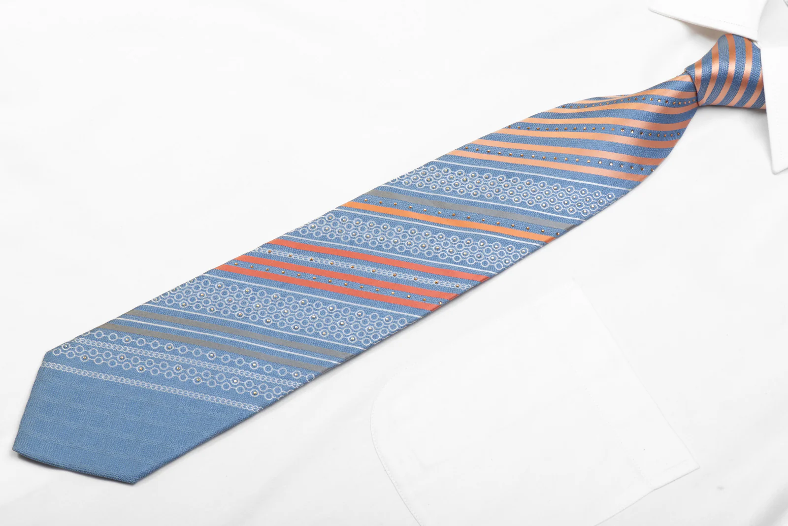 Renoma Rhinestone Silk Tie Orange Silver Striped On Blue - Image 3