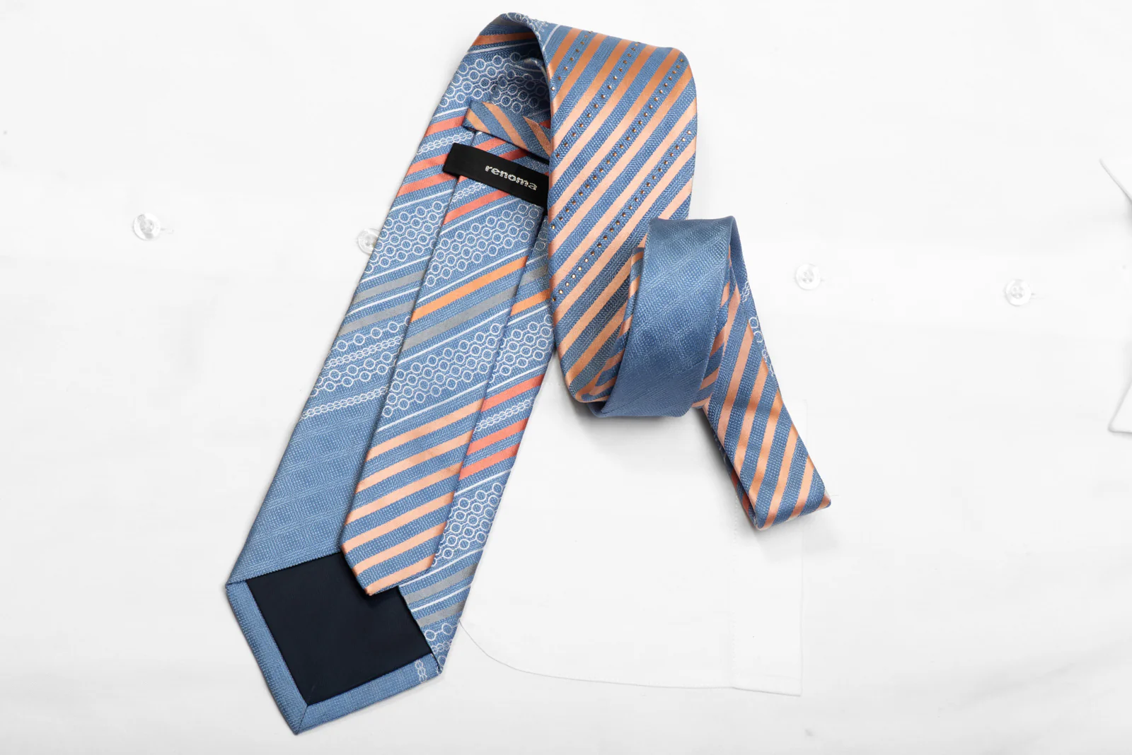 Renoma Rhinestone Silk Tie Orange Silver Striped On Blue - Image 4