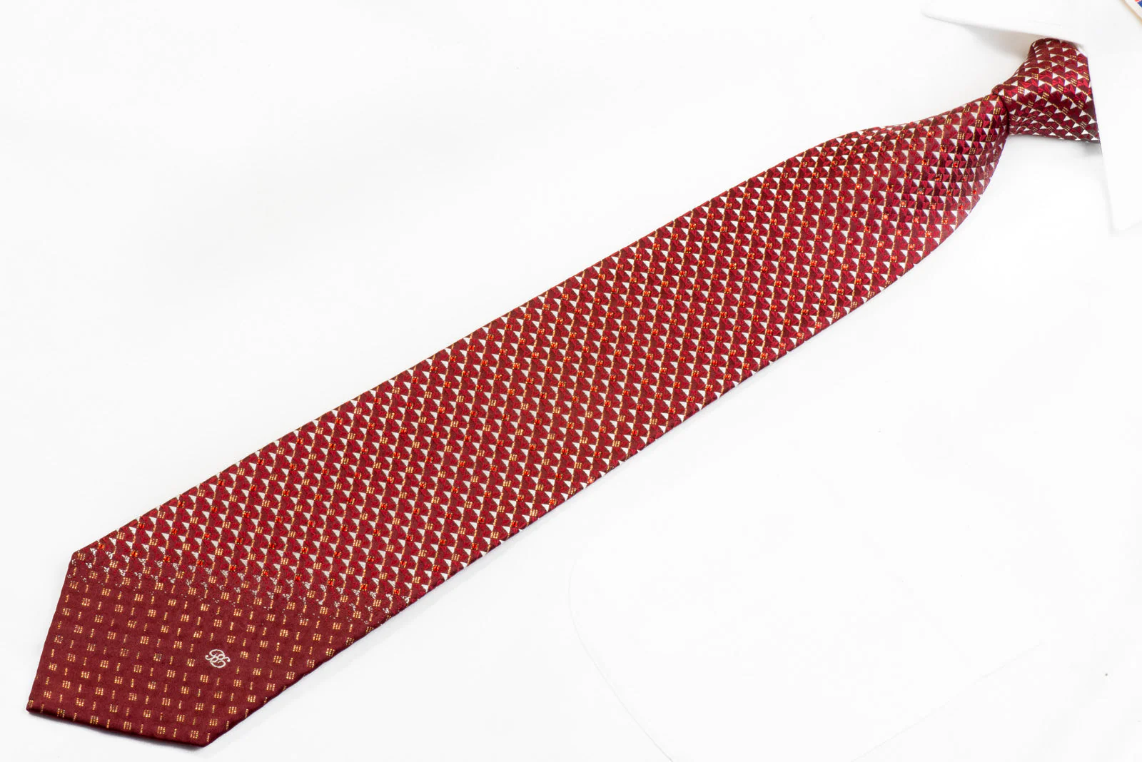 Renoma Rhinestone Silk Tie Red Silver Geometric on Burgundy With Sparkles - Image 3