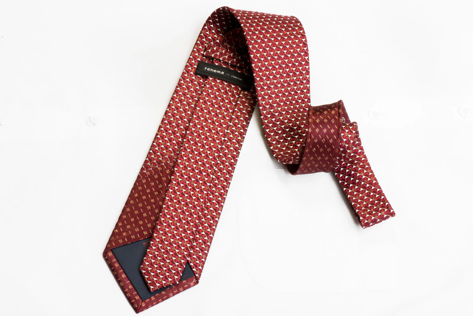 Renoma Rhinestone Silk Tie Red Silver Geometric on Burgundy With Sparkles - Image 4