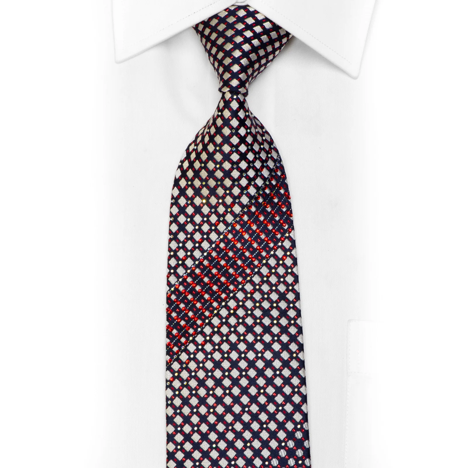 Renoma Rhinestone Silk Tie Silver Red Geometric On Navy With Sparkles
