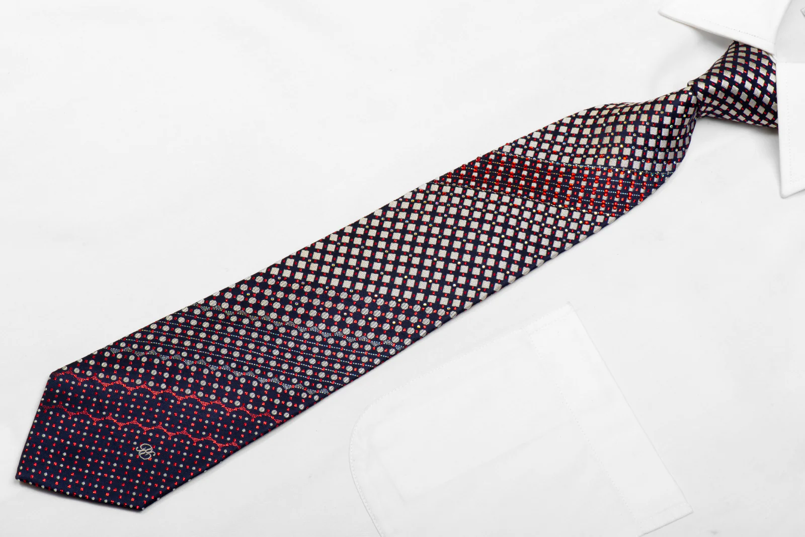 Renoma Rhinestone Silk Tie Silver Red Geometric On Navy With Sparkles - Image 3