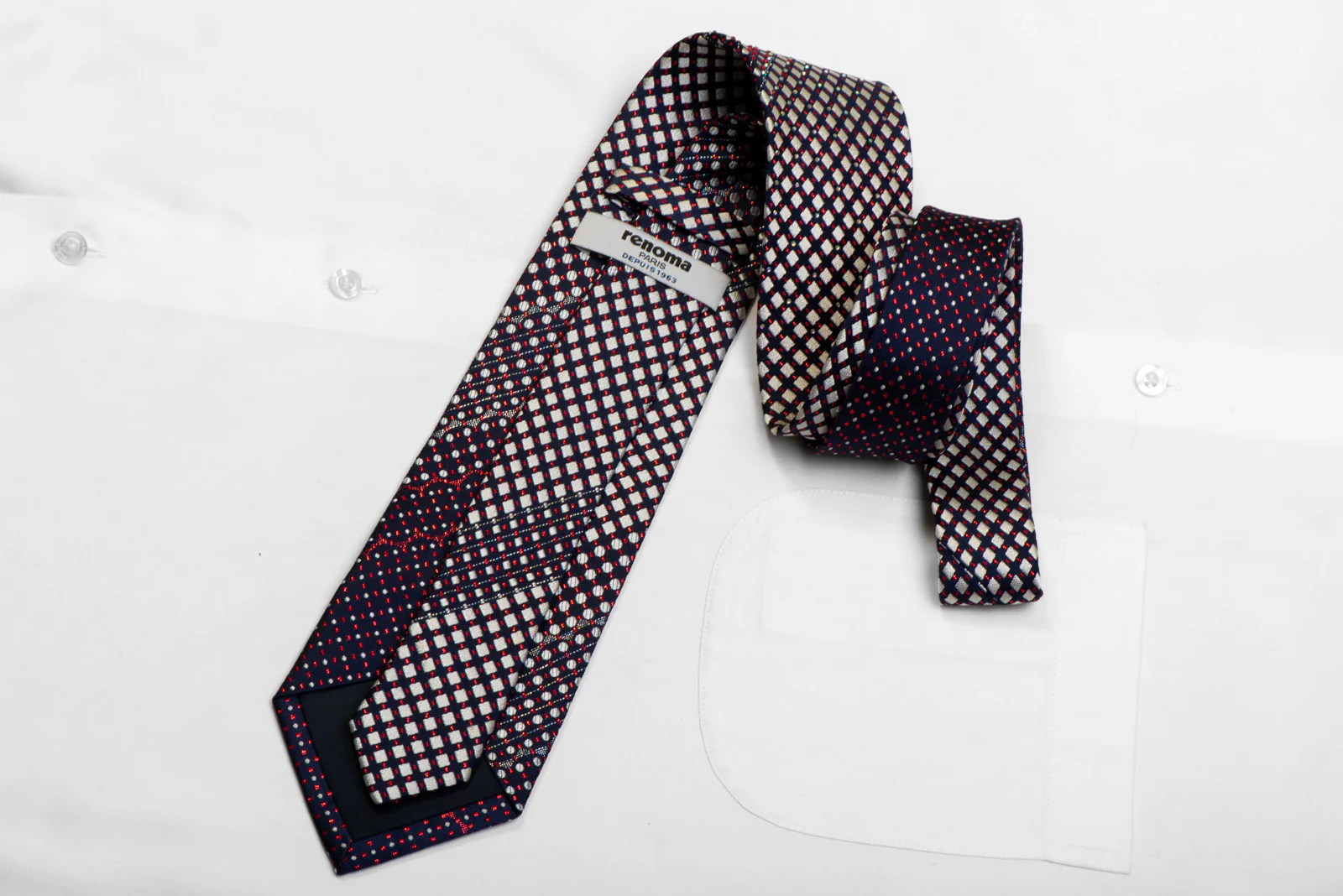 Renoma Rhinestone Silk Tie Silver Red Geometric On Navy With Sparkles - Image 4