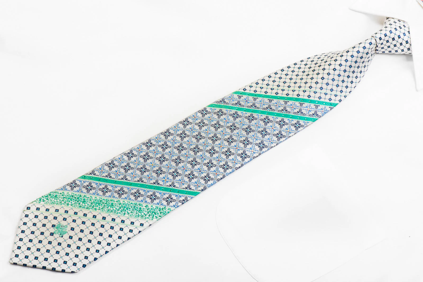 Renoma Rhinestone Silk Tie Teal Blue Striped Cartouche On Silver With Sparkles - Image 3