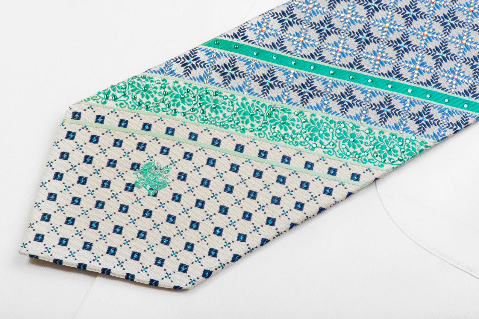 Renoma Rhinestone Silk Tie Teal Blue Striped Cartouche On Silver With Sparkles - Image 4