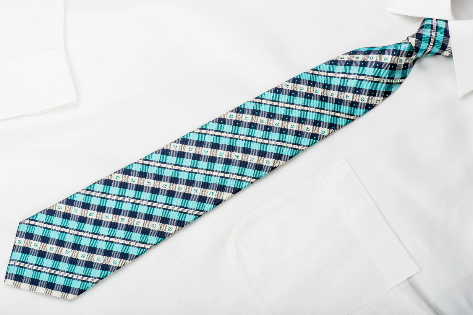 Renoma Rhinestone Tie Blue Turquoise Plaid With Sparkles - Image 4