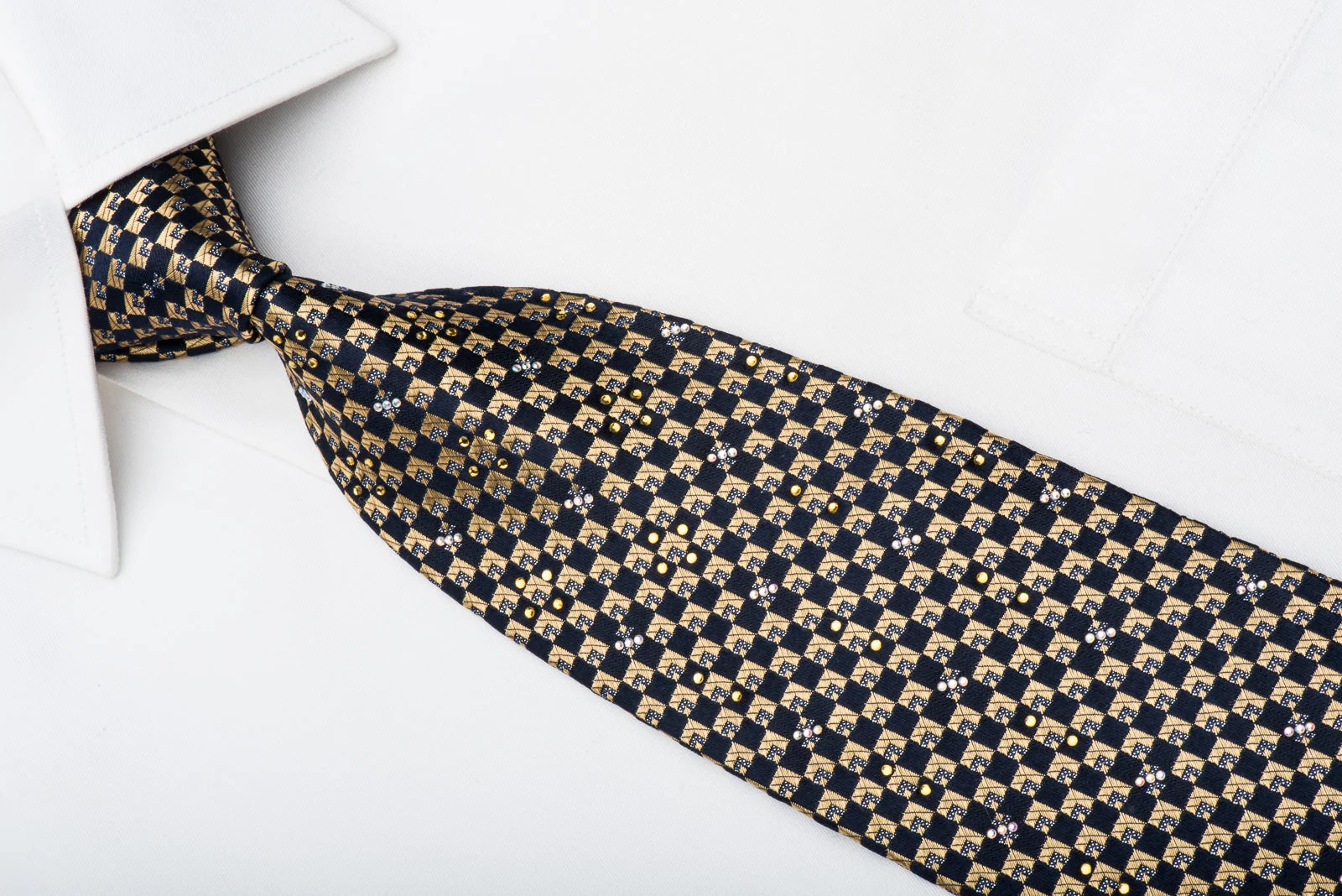Renoma Mens Rhinestone Tie Gold Navy Checkered Silk With Silver Sparkles - Image 2