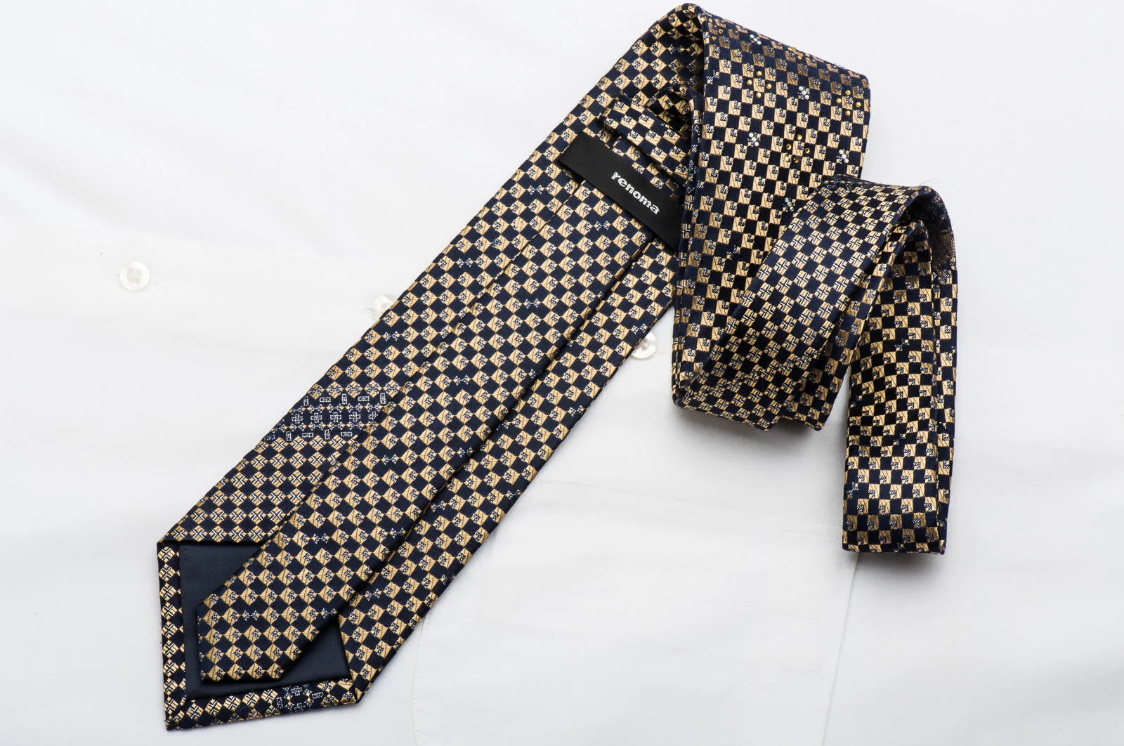 Renoma Mens Rhinestone Tie Gold Navy Checkered Silk With Silver Sparkles - Image 5