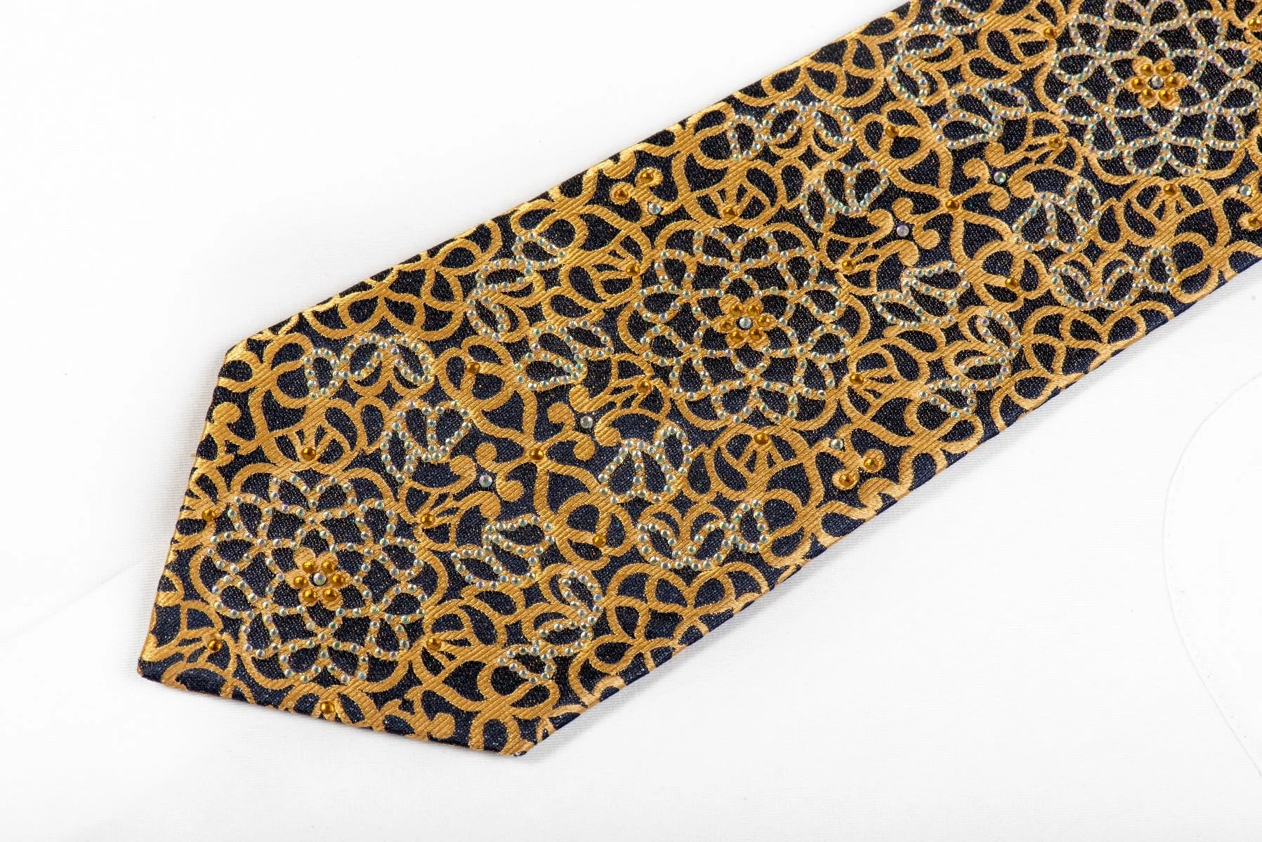 Renoma Rhinestone Tie Gold Scrolls On Navy - Image 3