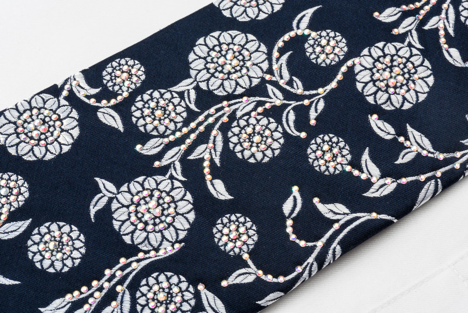 Renoma Rhinestone Tie Silver Floral On Woven Navy Blue Silk - Image 5