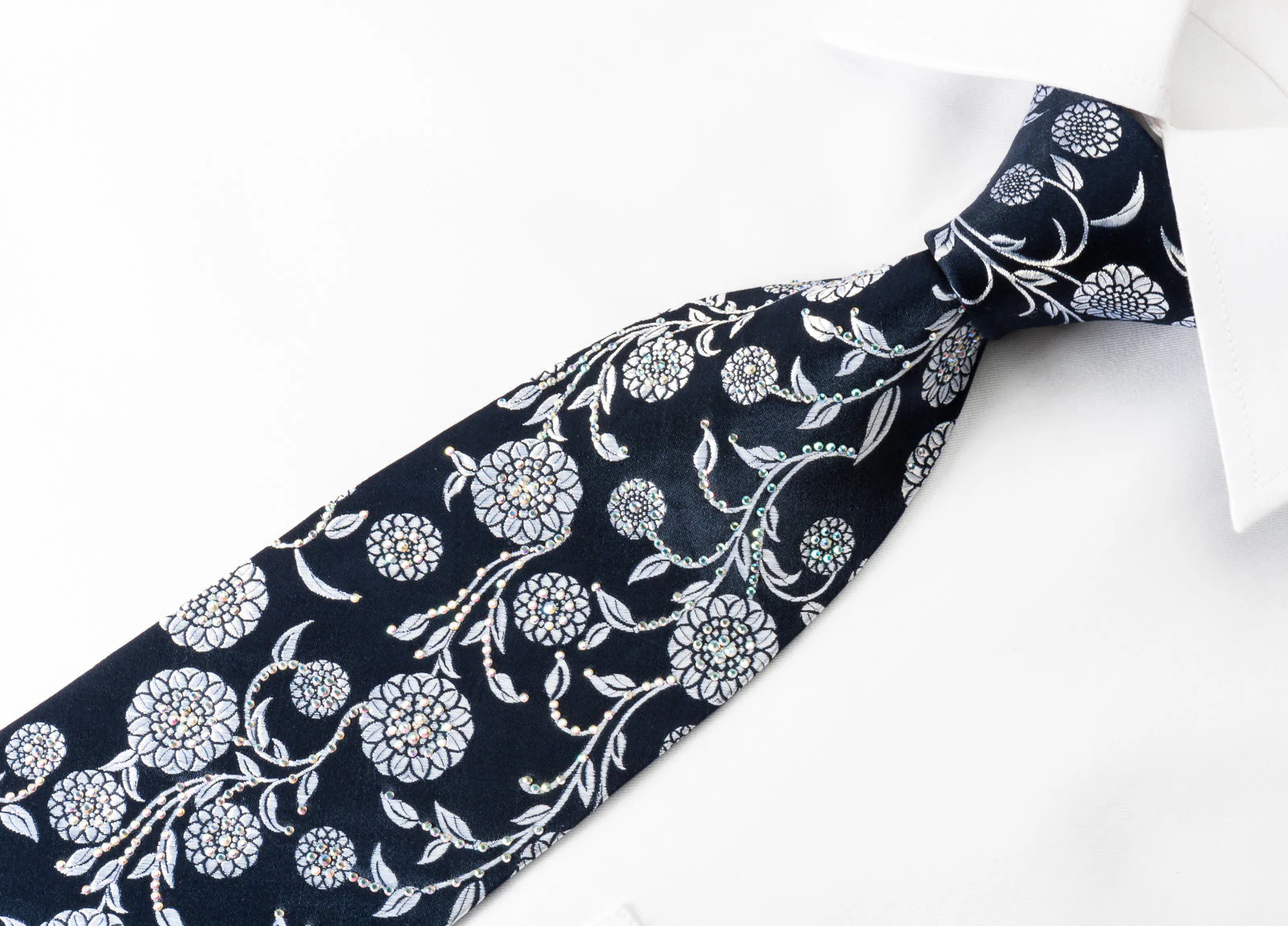 Renoma Rhinestone Tie Silver Floral On Woven Navy Blue Silk - Image 7