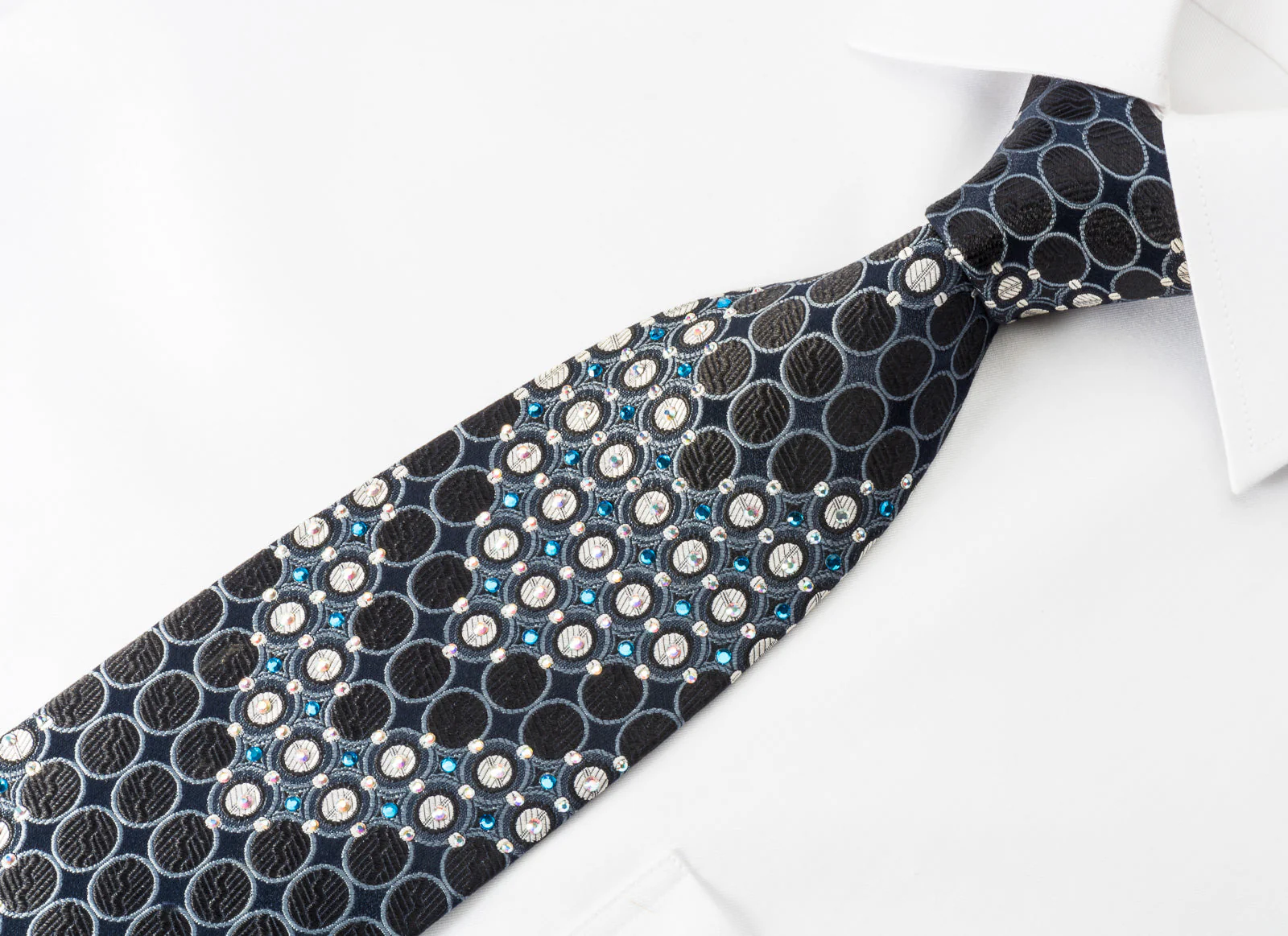 Renoma Rhinestone Tie Silver Geometric Circles On Black Silk - Image 6