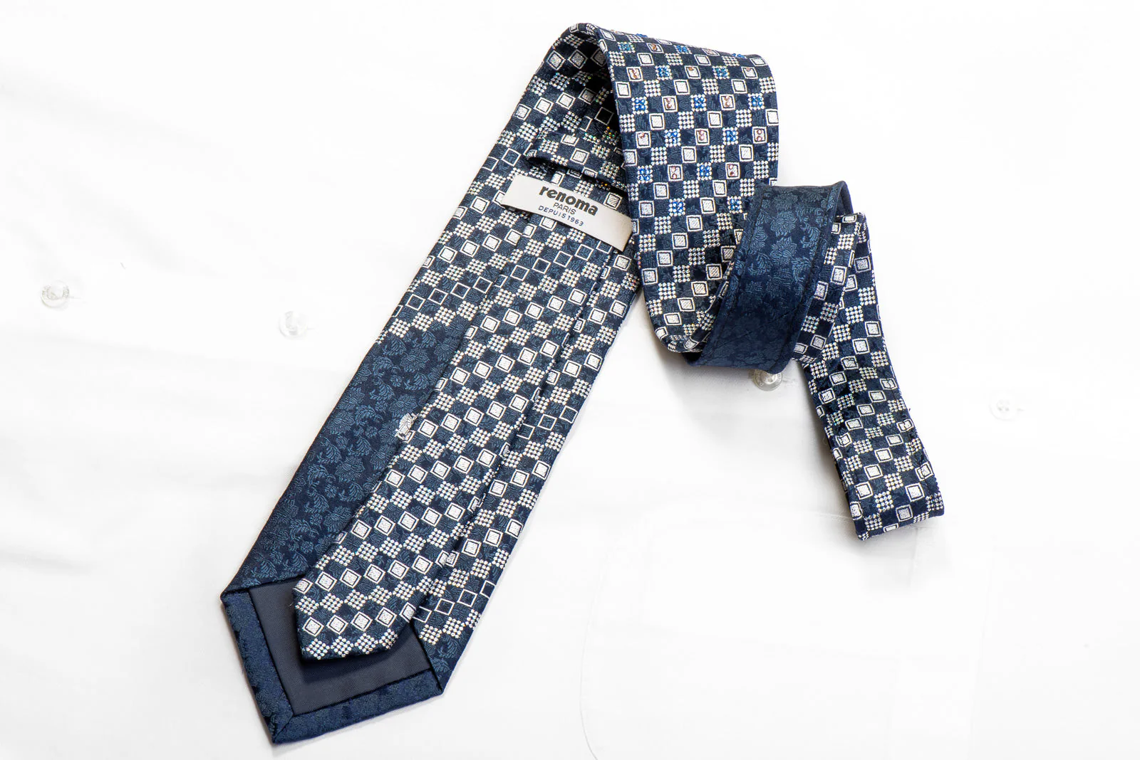 Renoma Rhinestone Tie Silver Navy Checkered With Silver Sparkles - Image 4