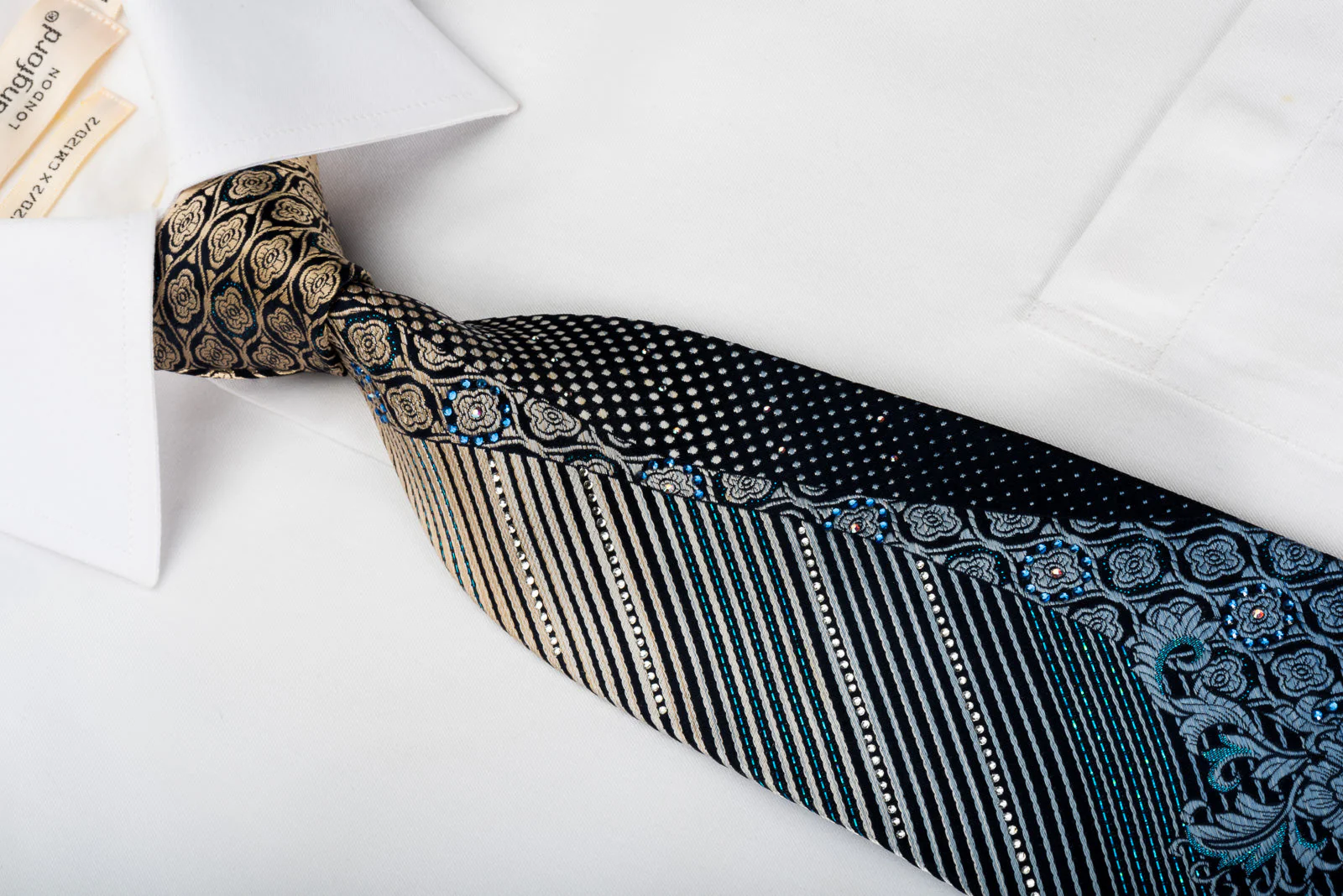Renoma Rhinestone Woven Silk Necktie Floral On Blue With Blue Sparkles - Image 3