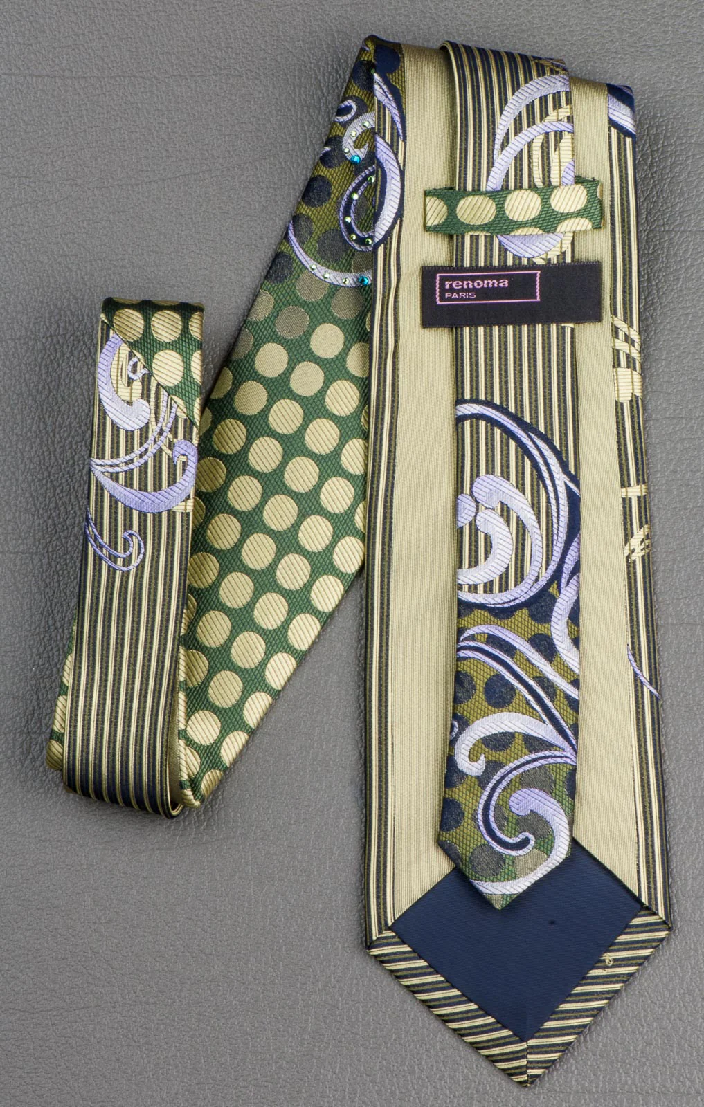 Renoma Rhinestones Silk Neck Tie Scrolls, Stripes & Dots On Olive Green - Image 5