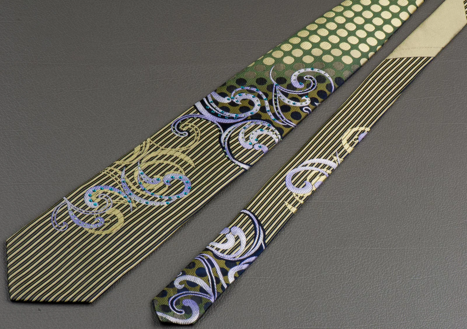 Renoma Rhinestones Silk Neck Tie Scrolls, Stripes & Dots On Olive Green - Image 6