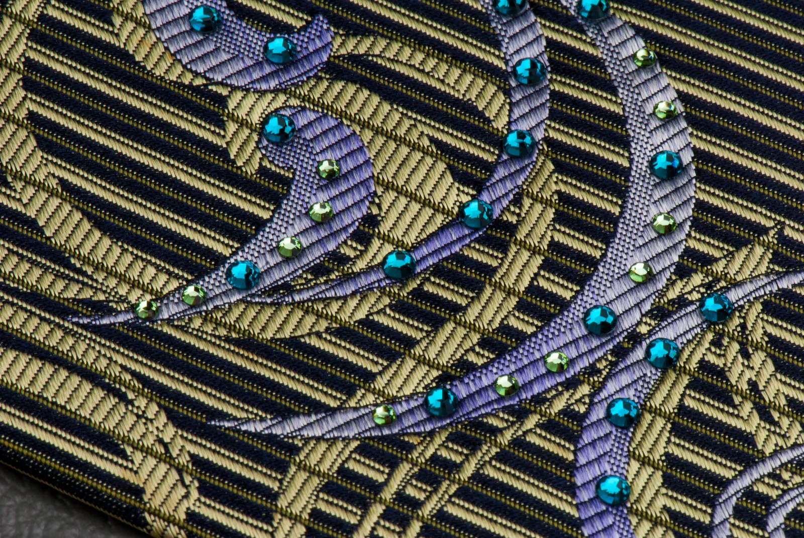 Renoma Rhinestones Silk Neck Tie Scrolls, Stripes & Dots On Olive Green - Image 8
