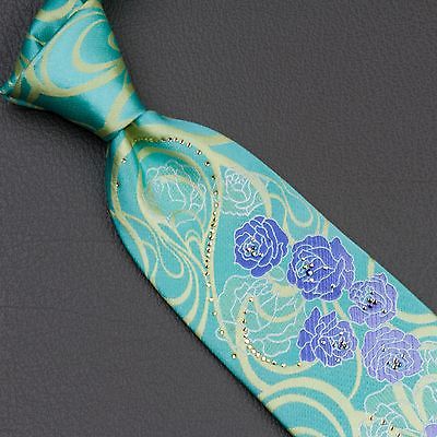 Renoma Silk Neck Tie Floral Design On Turquoise With Micro Sparkles & Rhinestone