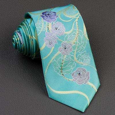 Renoma Silk Neck Tie Floral Design On Turquoise With Micro Sparkles & Rhinestone - Image 2