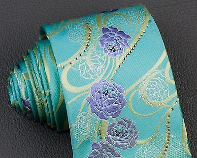 Renoma Silk Neck Tie Floral Design On Turquoise With Micro Sparkles & Rhinestone - Image 3