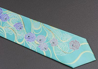 Renoma Silk Neck Tie Floral Design On Turquoise With Micro Sparkles & Rhinestone - Image 4