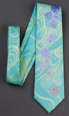Renoma Silk Neck Tie Floral Design On Turquoise With Micro Sparkles & Rhinestone - Image 8