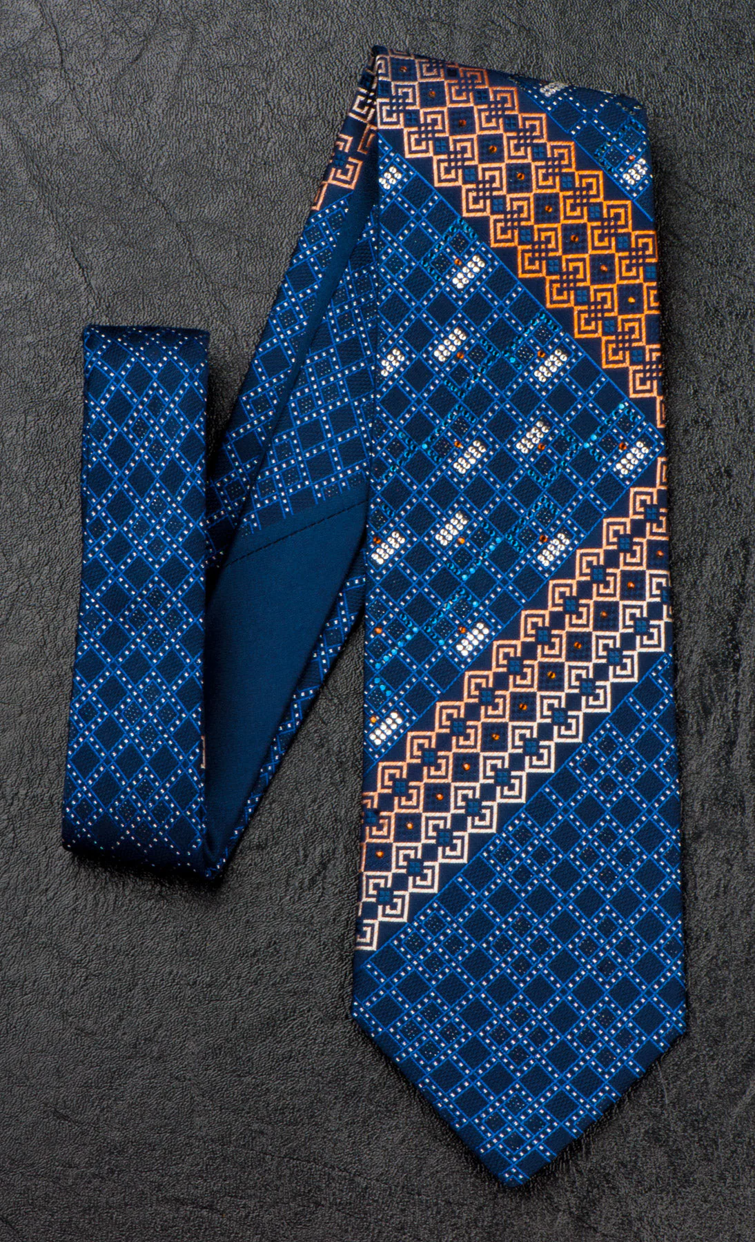 Renoma Silk NeckTie Blue Orange Geometric Design With Rhinestones 3 1/2 Inch - Image 4