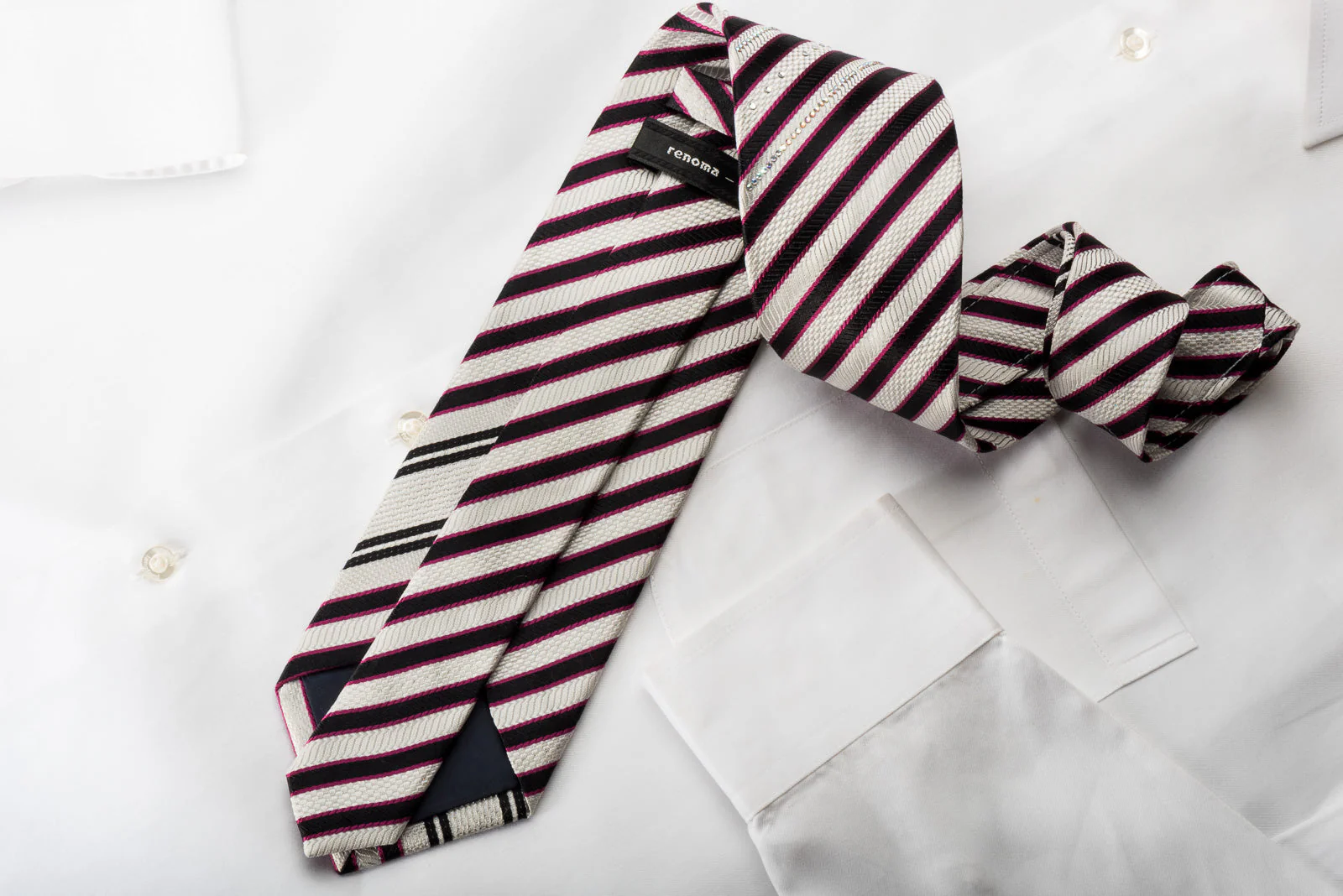 Renoma Silk Necktie Blue Red Striped On White With Rhinestones - Image 3