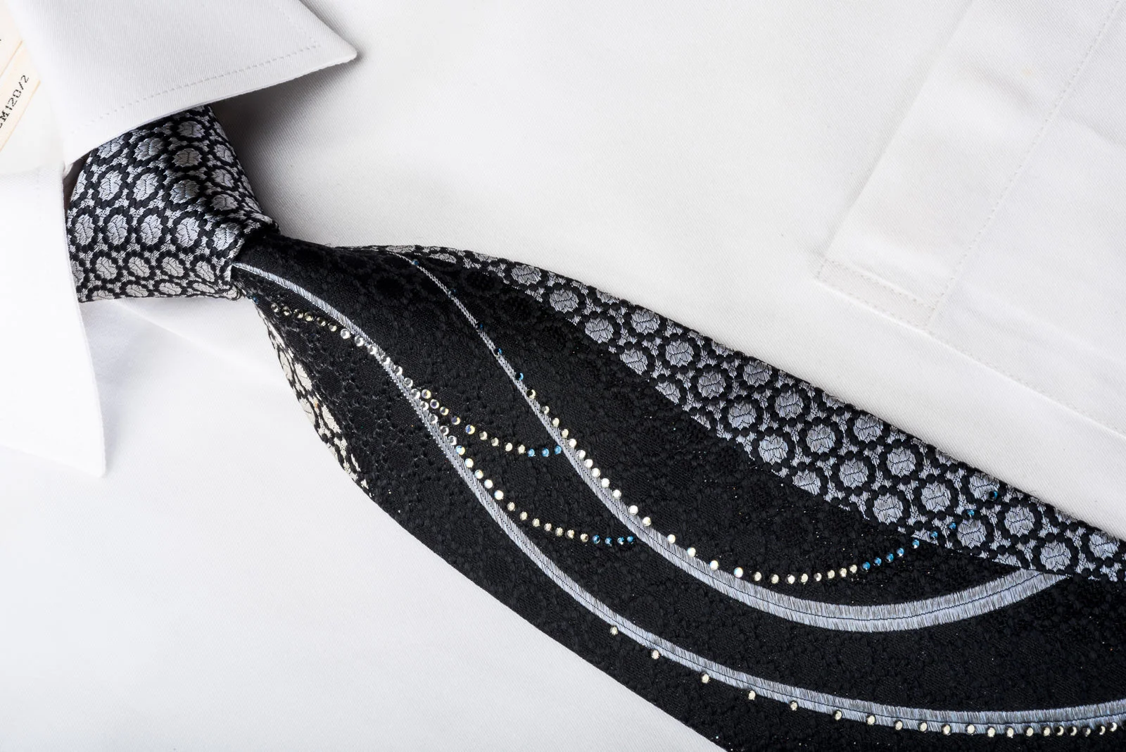 Renoma Silk Necktie Blue Waves On Black Sparkling With Rhinestones - Image 3