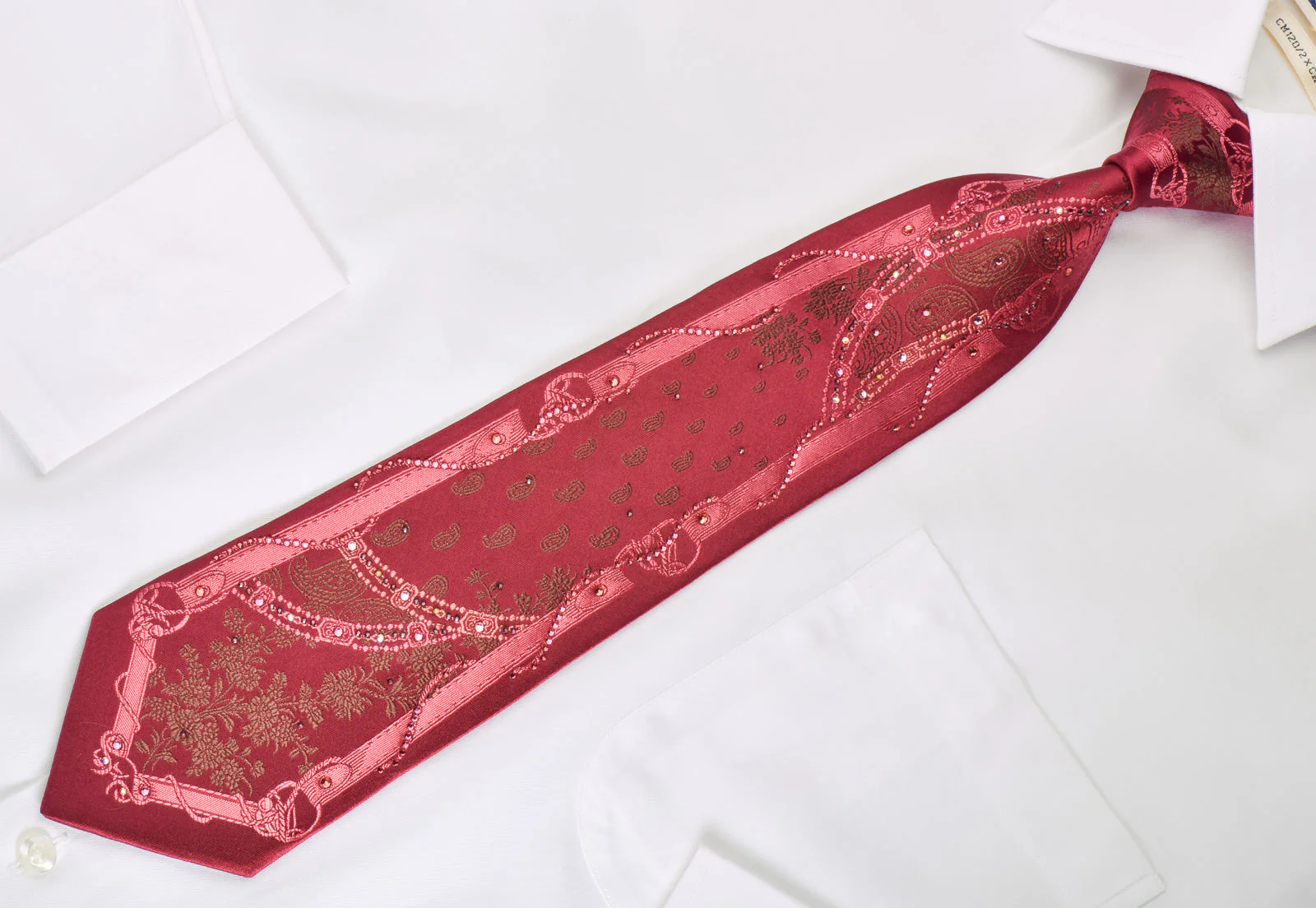 Renoma Silk Necktie Boteh On Burgundy With Rhinestones - Image 2