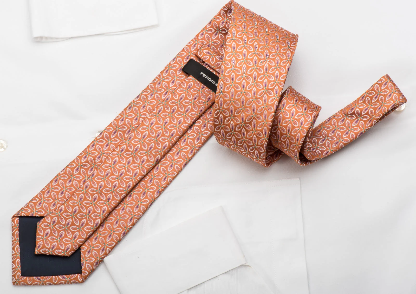 Renoma Silk Necktie Floral On Orange Sparkling With Rhinestones - Image 4