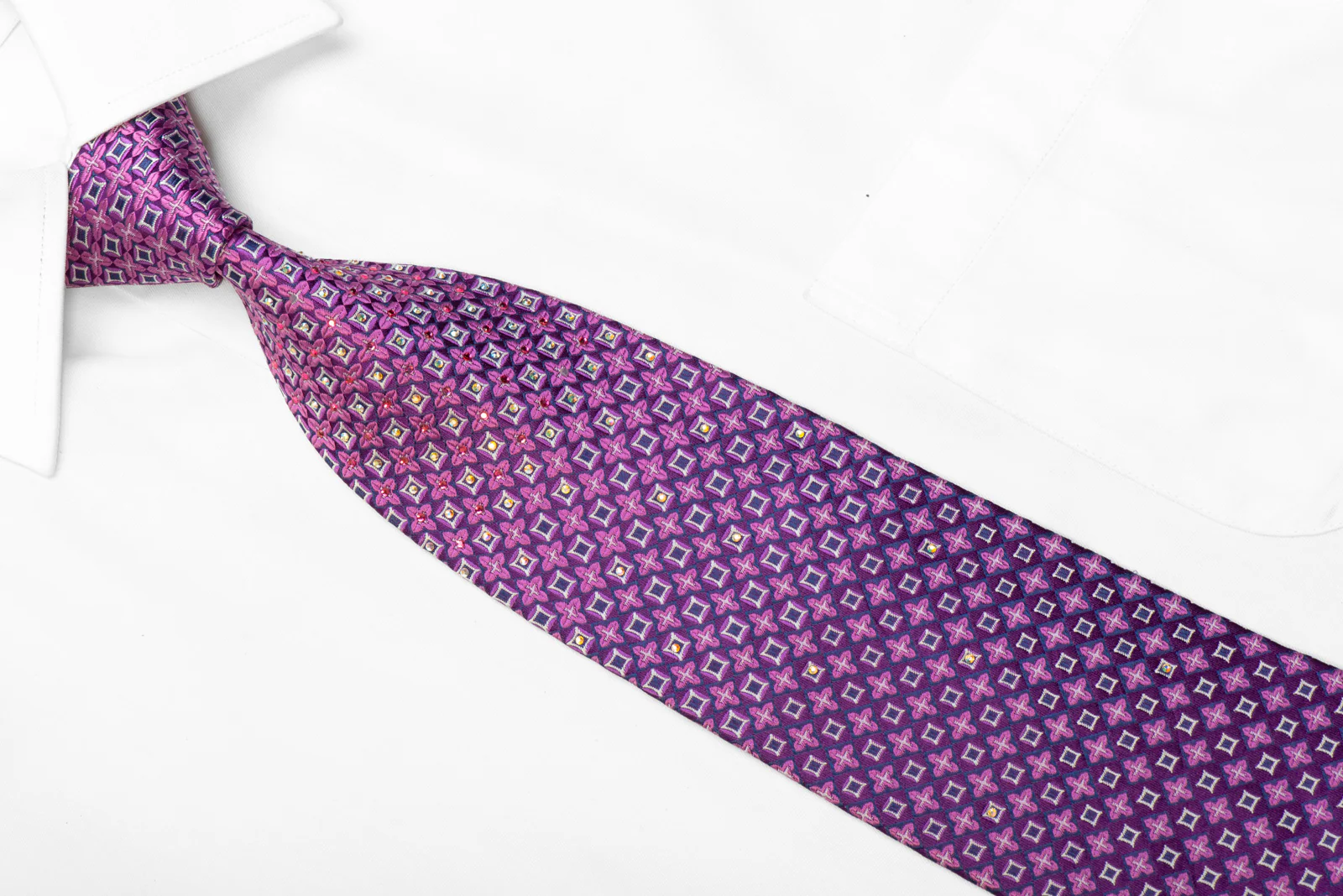 Silk Necktie Geometric Pattern On Purple With Rhinestones - Image 2